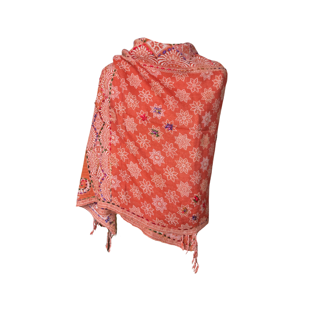 Châle en laine brodé Aishiteru Coralia – Ensoleillé en Terracotta