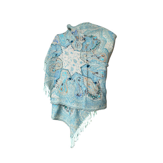 Châle en laine brodé Aishiteru Celestia – Sérénité Bleue