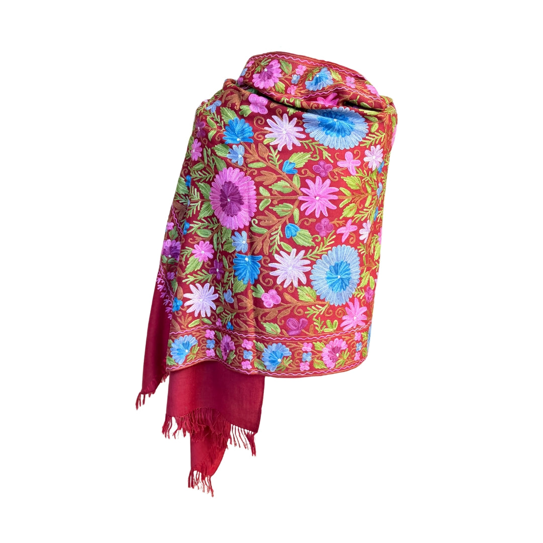 Aishiteru Zafira Embroidered Wool Shawl – Crimson Garden