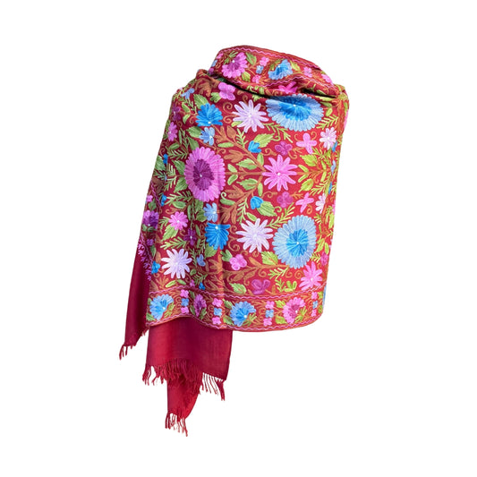 Aishiteru Zafira Embroidered Wool Shawl – Crimson Garden