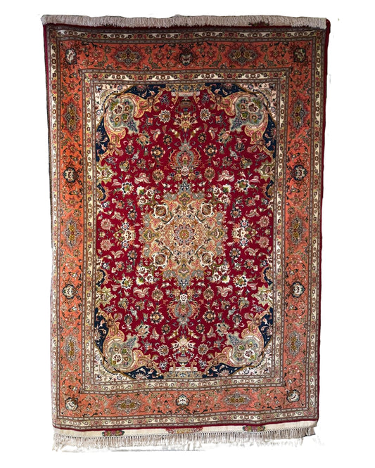 Alfombra persa excepcional – Medallón floral en lana y seda